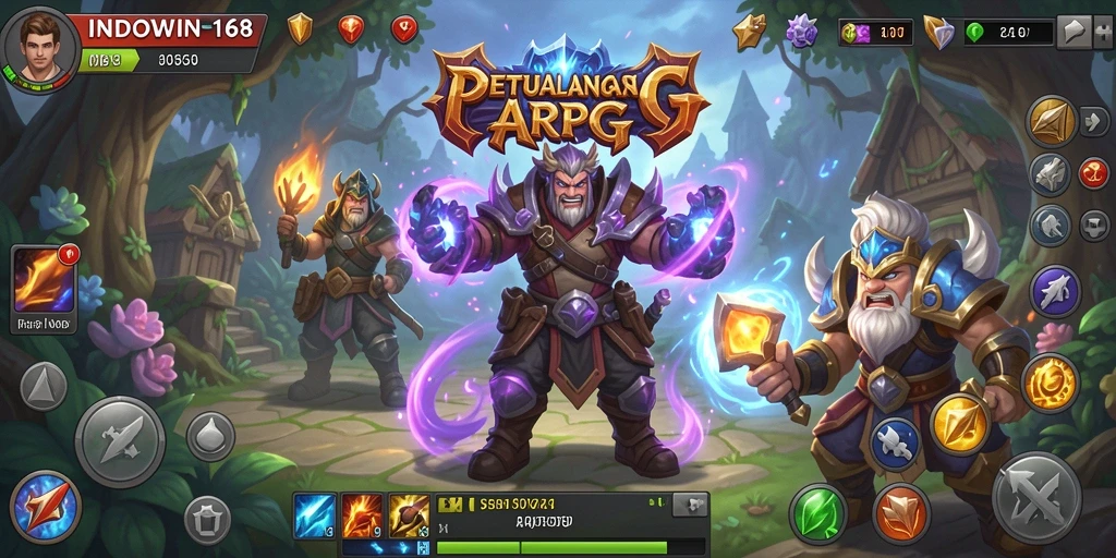 Screen utama INDOWIN168 menampilkan aksi pertempuran ARPG yang intens.