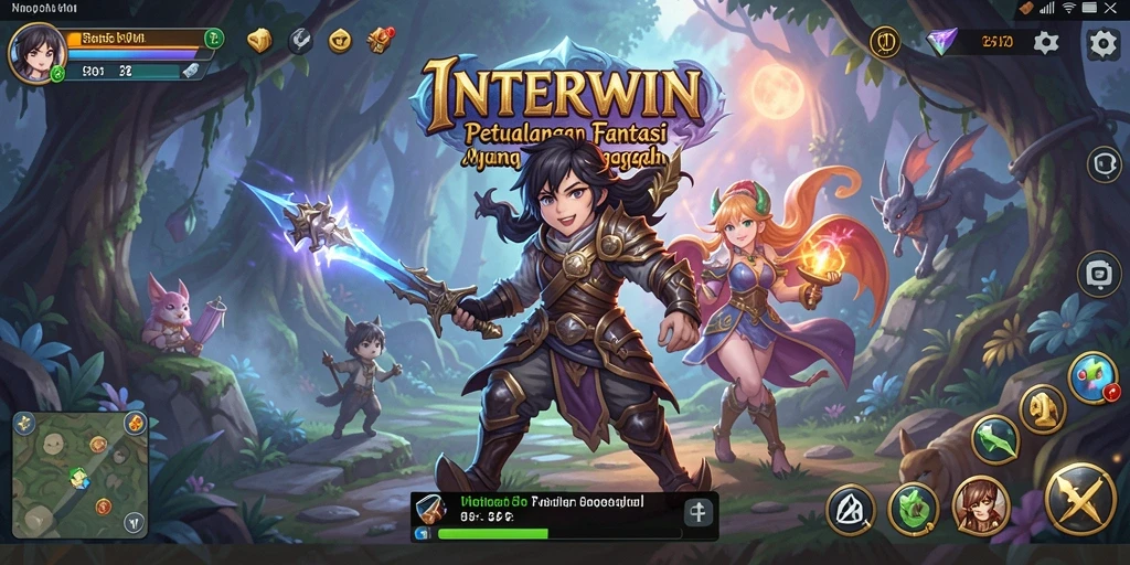 Tangkapan layar gameplay INTERWIN yang menampilkan pertempuran epik dan karakter unik.