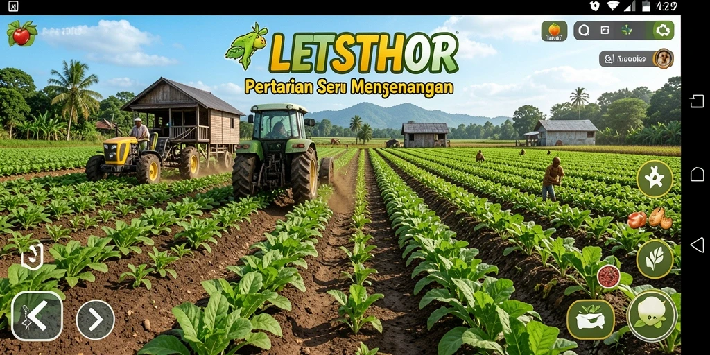 Screenshot gameplay LETSTHOR menampilkan ladang hijau yang subur dan penuh aktivitas.