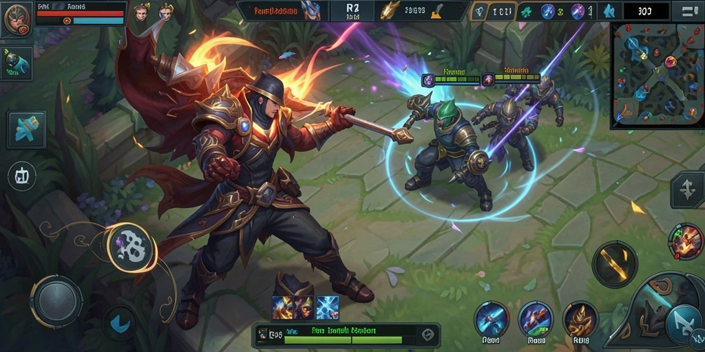 Tampilan gameplay MOBA yang mendebarkan dan penuh aksi.