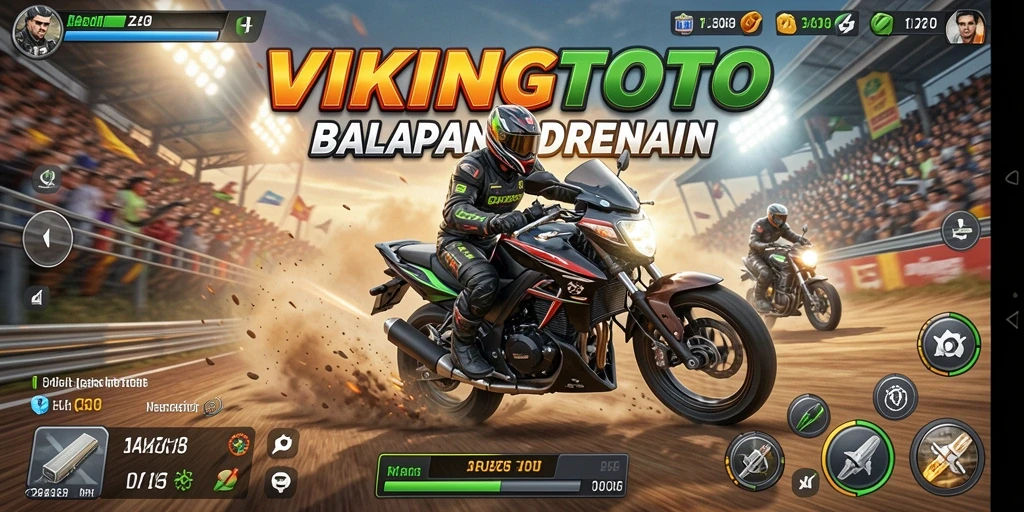 Screenshot utama VIKINGTOTO menampilkan aksi balapan motor yang mendebarkan.